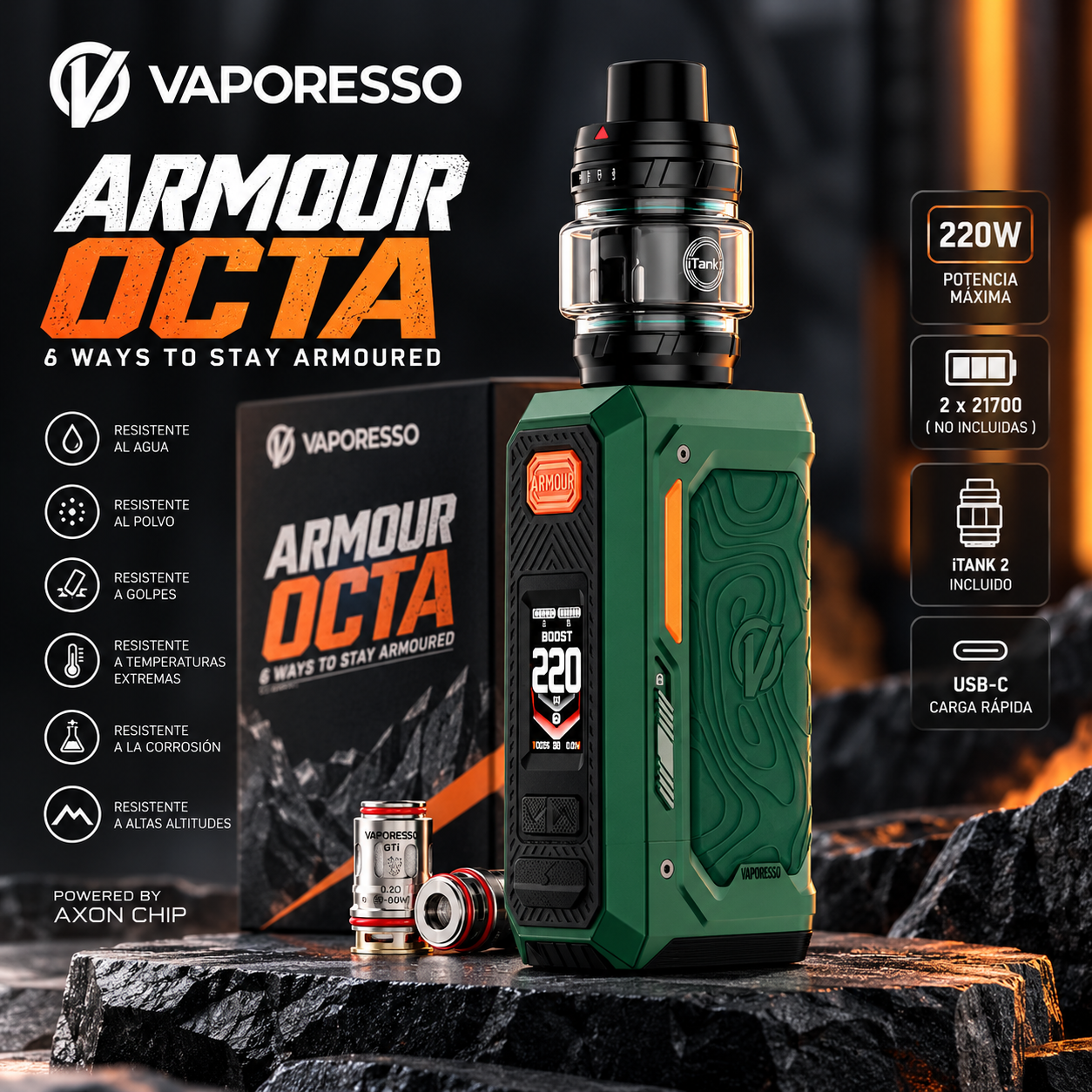 ChatGPT Image 17 sept 2026, 18_41_45 Vaporesso Armour Octa Kit 220W + iTANK 2 Vintage Green - Imagen 1